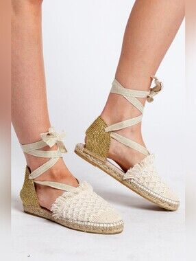 NWT People Vida Ivory Woven Lurex Lace-Up Platform Espadrilles 7 NIB